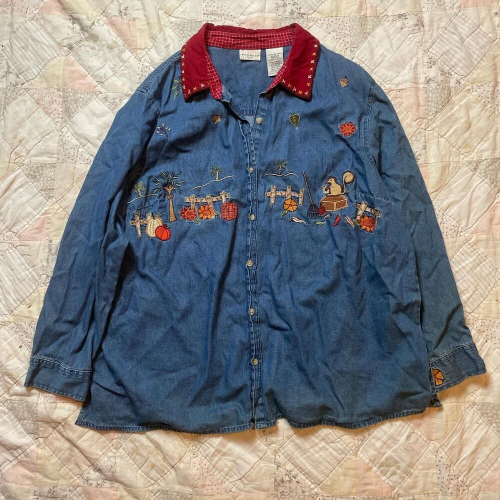 white stag blue denim collared fall grandma button up pumkins scarecrows 18/20